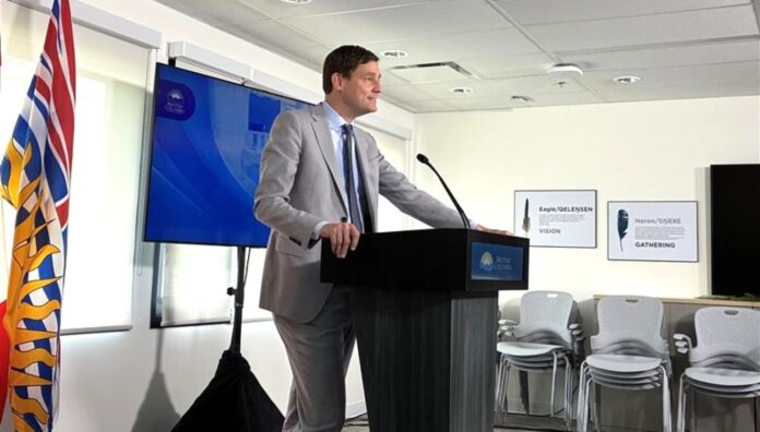 eby Premier David Eby speaks to reporters at Victoria PCN Allied Health Centre on May 12, 2025, announcing applications from U.S.-trained nurses are up 127 per cent since launching a streamlined registration process in April 2025.